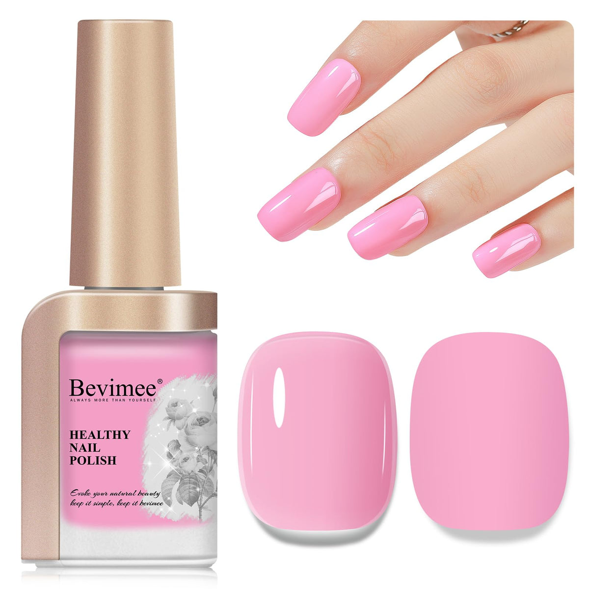Bevimee light pink nail polish bottle; quick-dry formula for busy mornings.