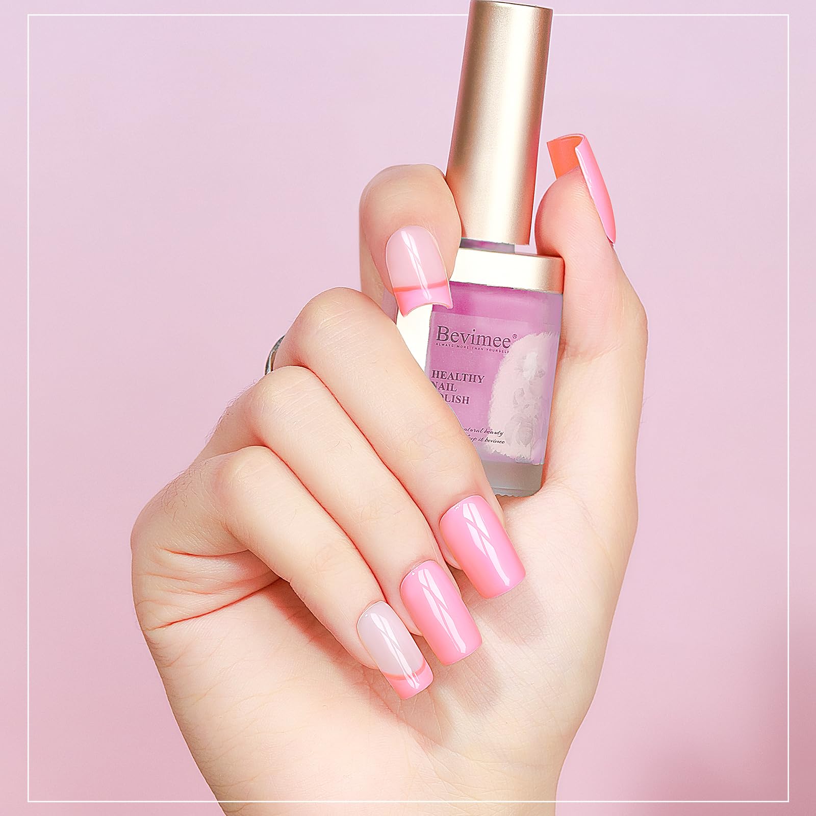 Bevimee light pink drying scene; air-dried color with no lamp needed.