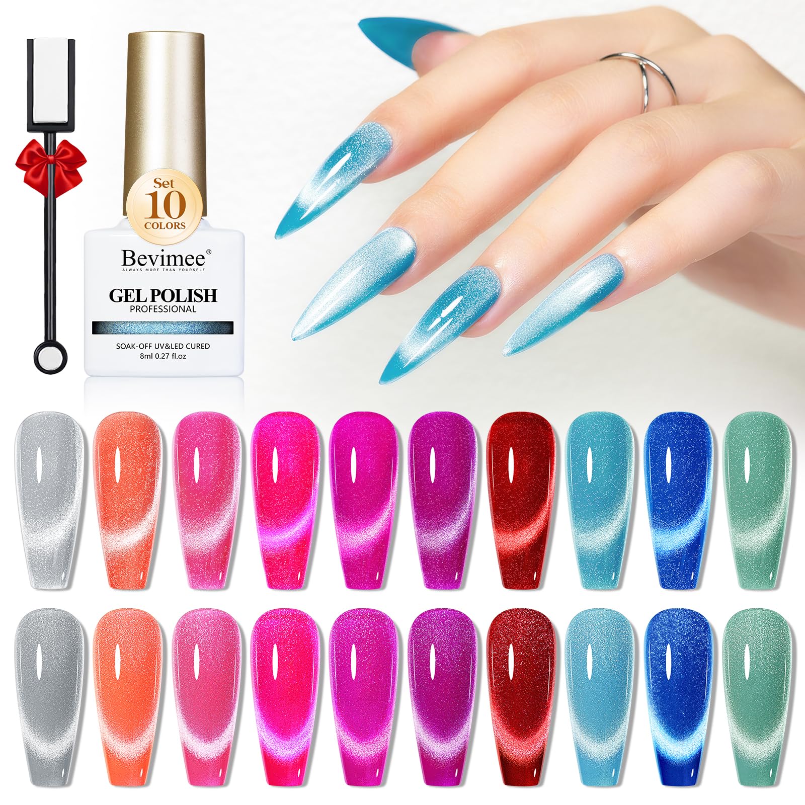 Bevimee neon cat-eye set bottles displaying 10 colors for at-home manicure.