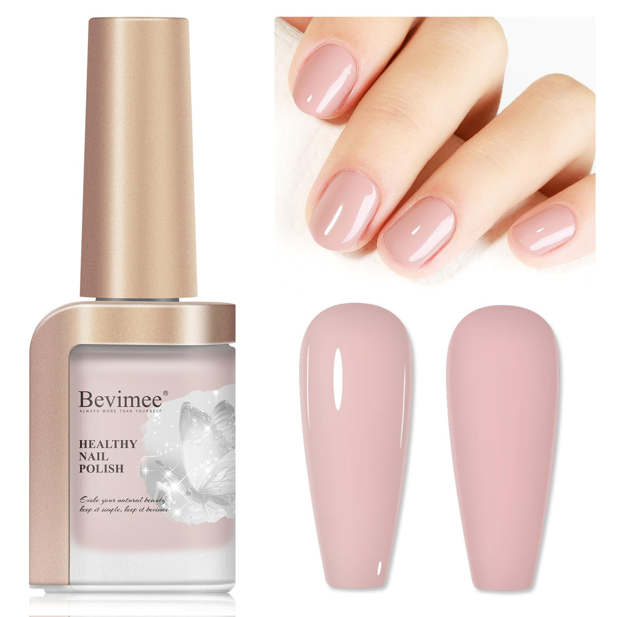 Bevimee nude nail polish bottle application closeup with smooth brush stroke and quick-dry appeal