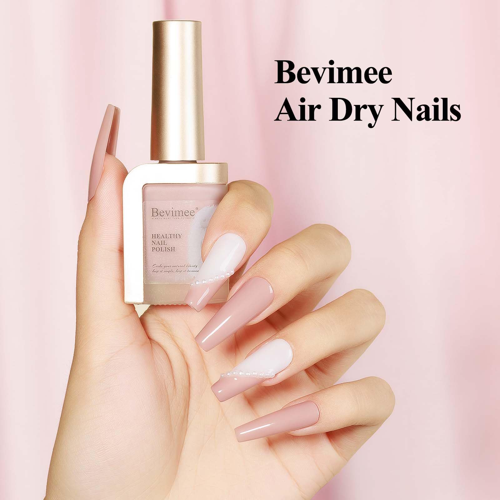 Bevimee nude nail polish closeup shows delicate sheen and compact bottle