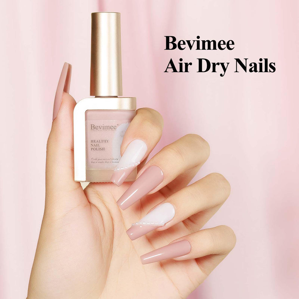 Bevimee nude nail polish closeup shows delicate sheen and compact bottle
