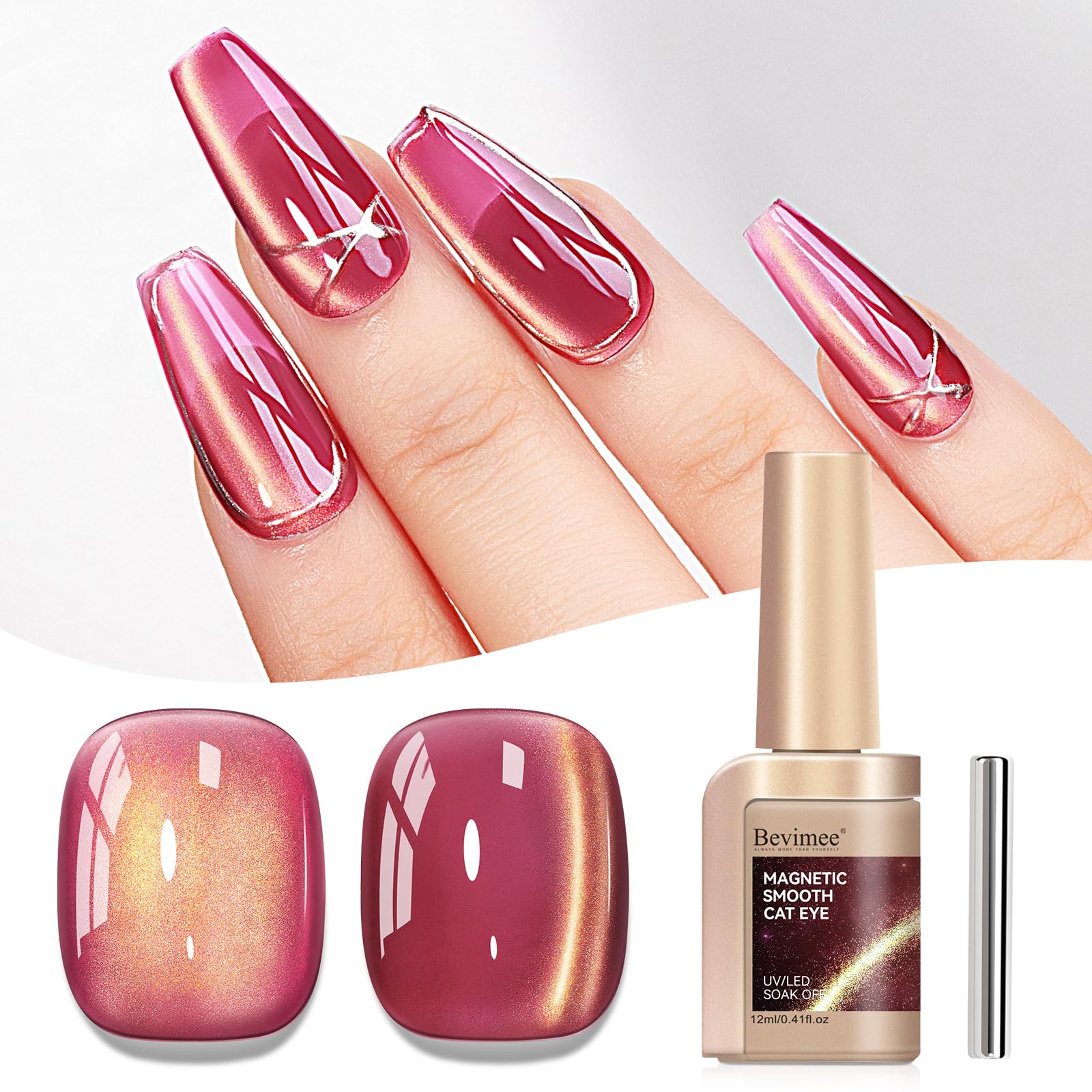 Bevimee red glass jelly cat-eye gel polish delivers vivid color and glassy depth.