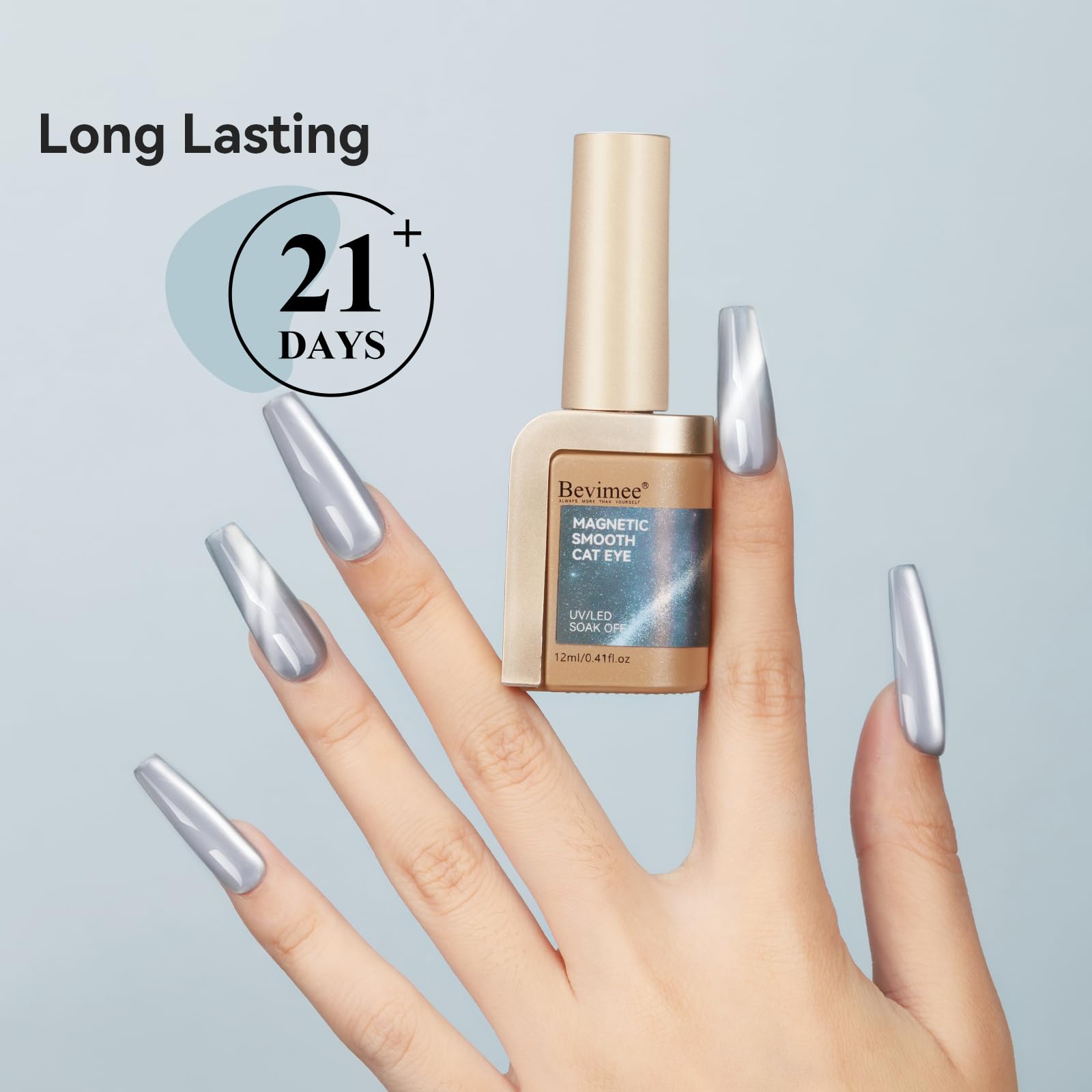 Bevimee Cat Eye finish delivers a silky, glass-like shine on nails.