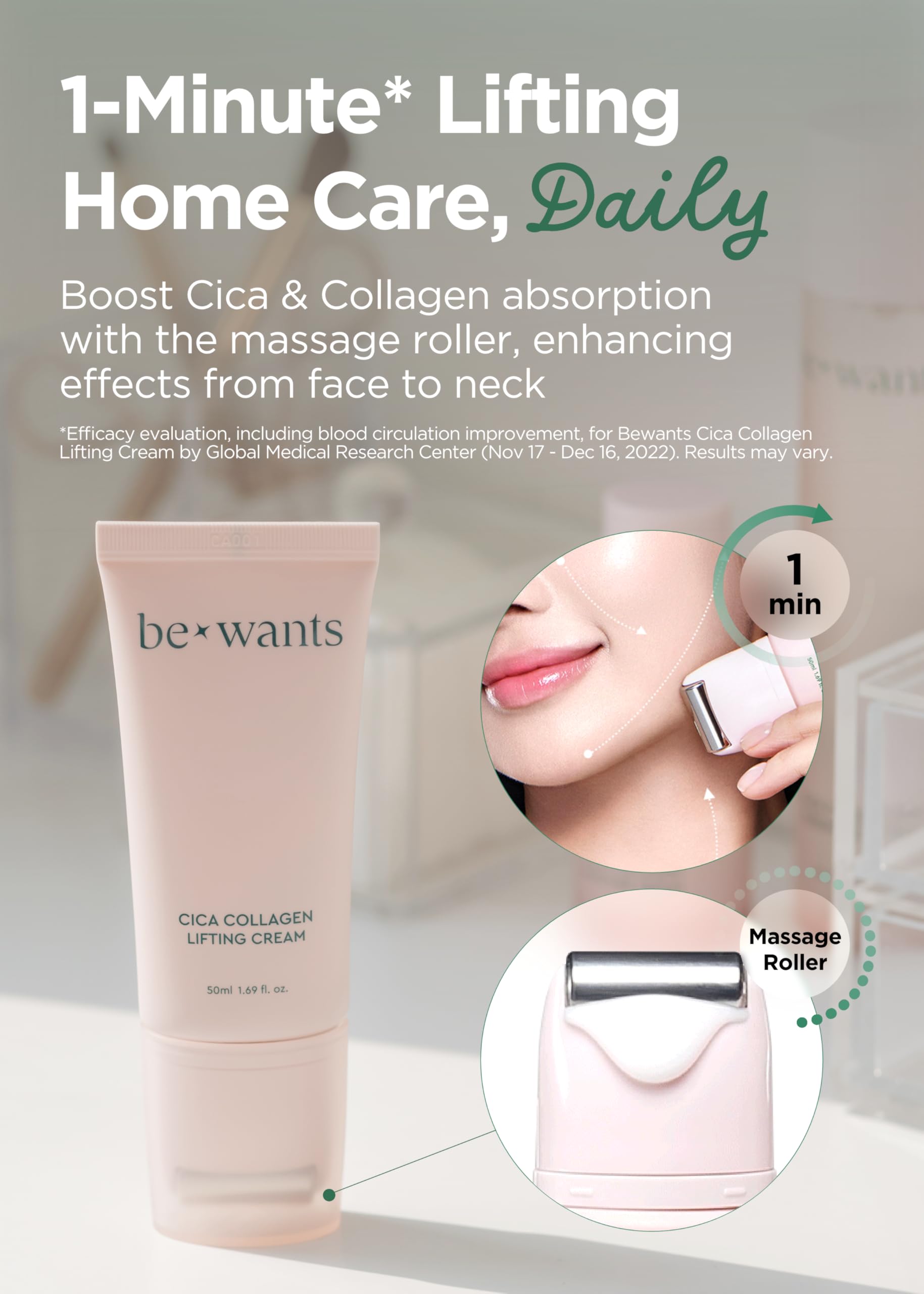 Bewants Rapid Lift Neck Serum Roller tightens neck skin and defines the neckline