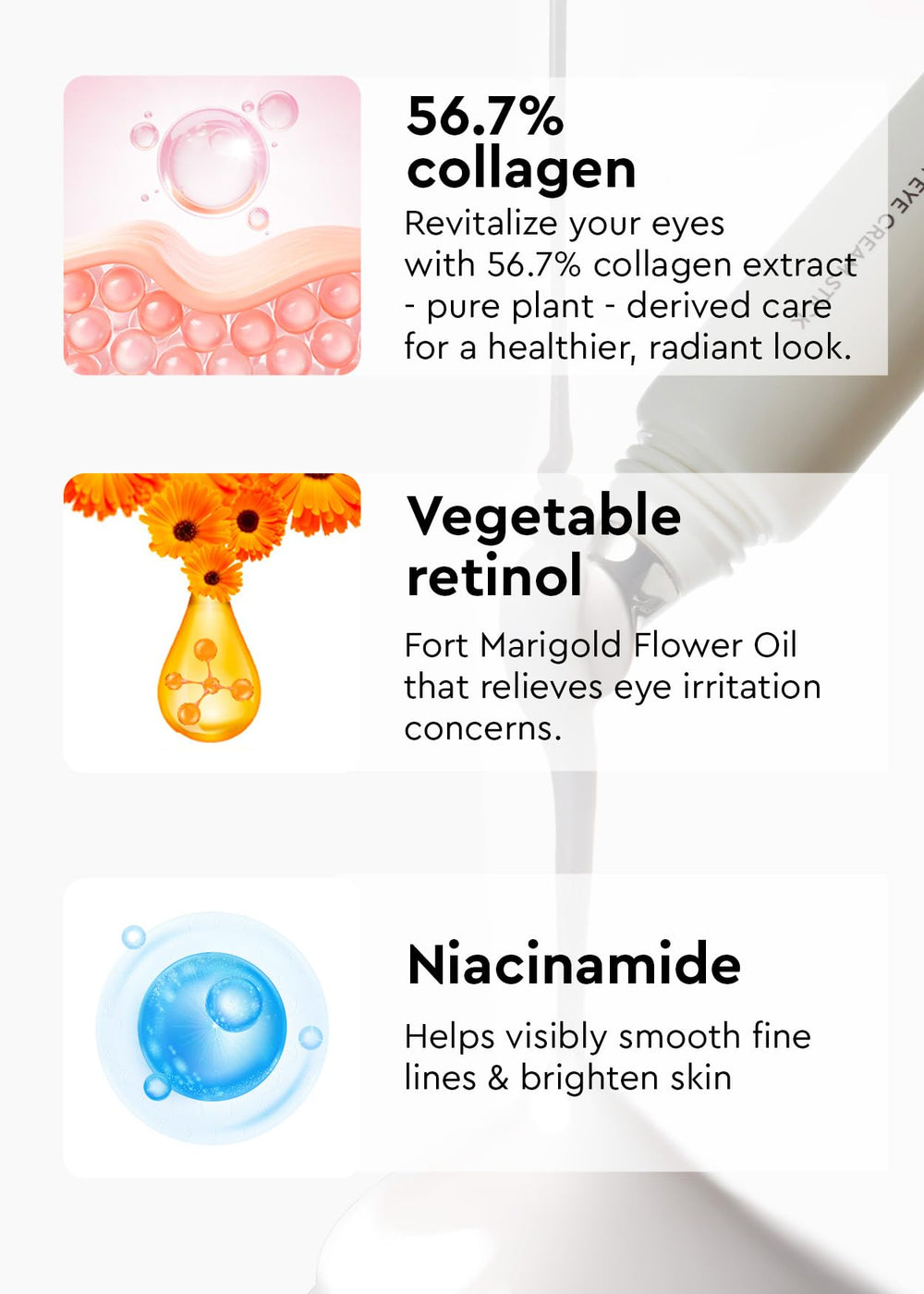 BE+WANTS under-eye cream glides smoothly for precise, mess-free application.