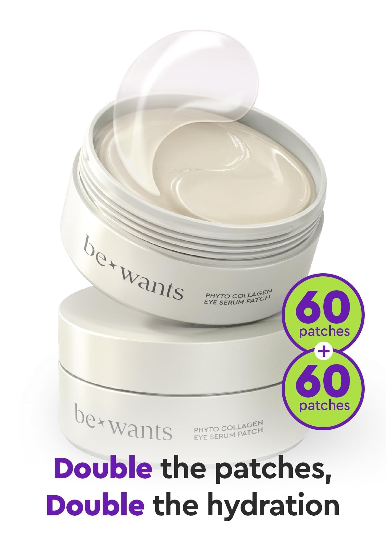 BE+WANTS patches applied on the under-eye area for soothing relief.
