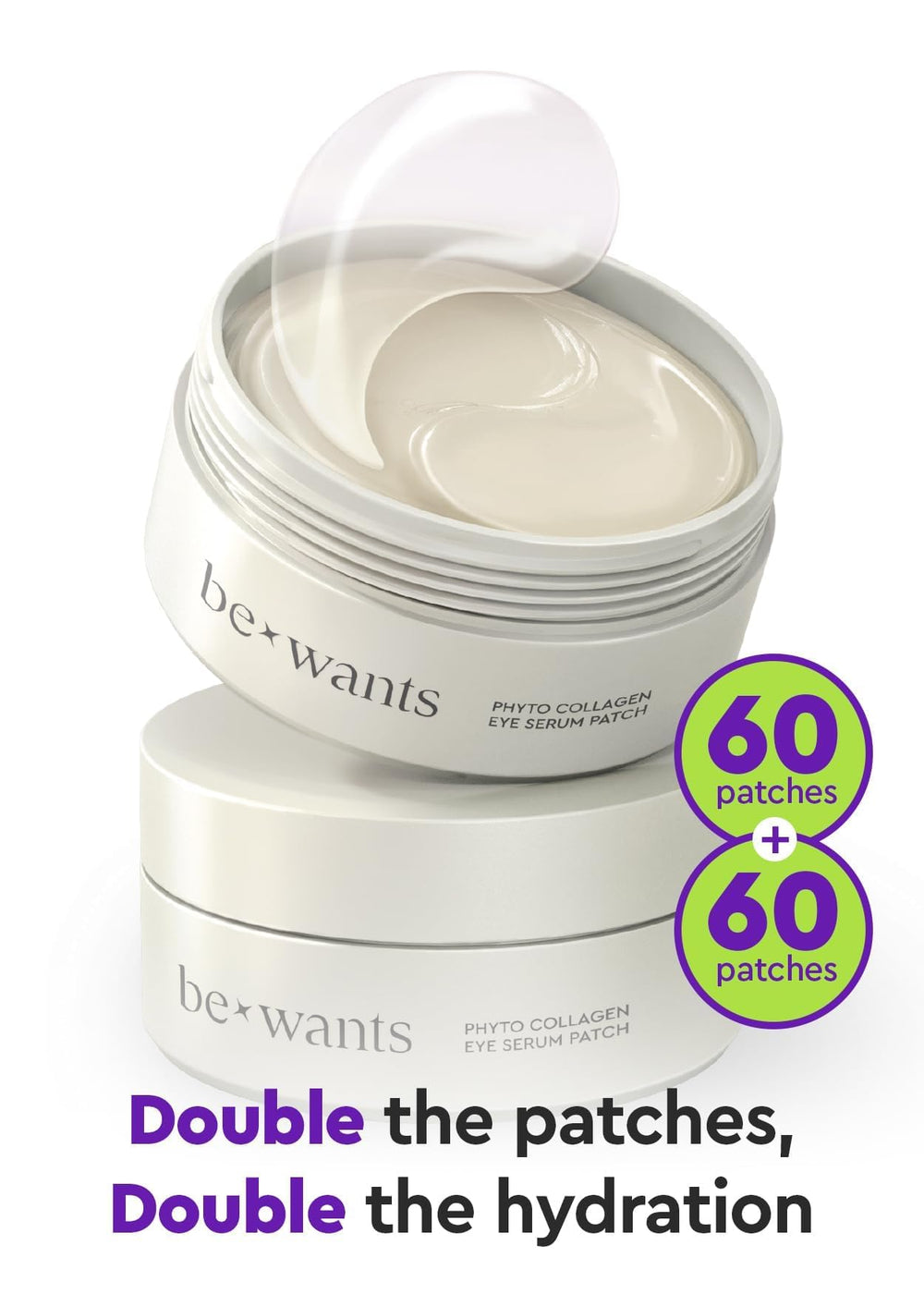 BE+WANTS patches applied on the under-eye area for soothing relief.