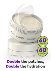 BE+WANTS patches applied on the under-eye area for soothing relief.