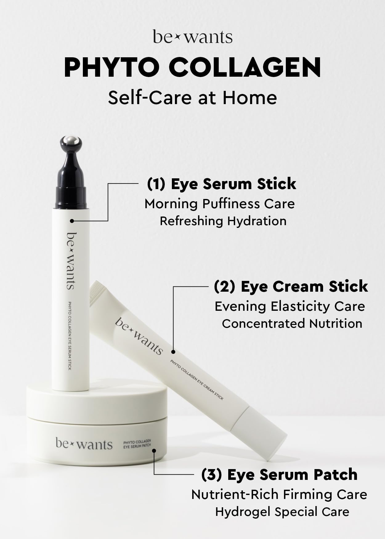 BE+WANTS under-eye patches worn for refreshed look.