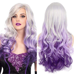 Beweig long curly wig close-up showcases silver grey to purple ombre with a side part.