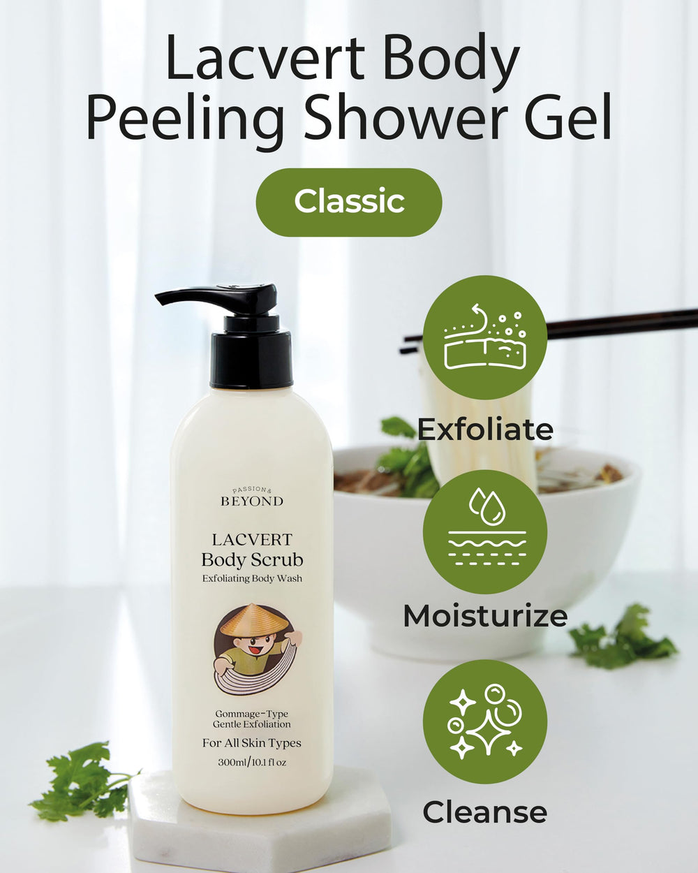 BEYOND Lacvert Green Tea bottle close-up for soothing exfoliation with antioxidant hints.