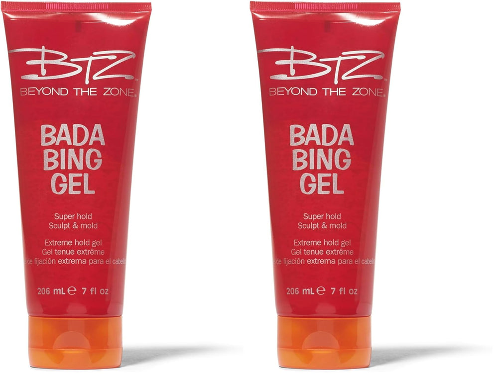 Beyond the Zone Bada Bing Extreme Hold Gel bottle close-up showing long-lasting hold on all hair types