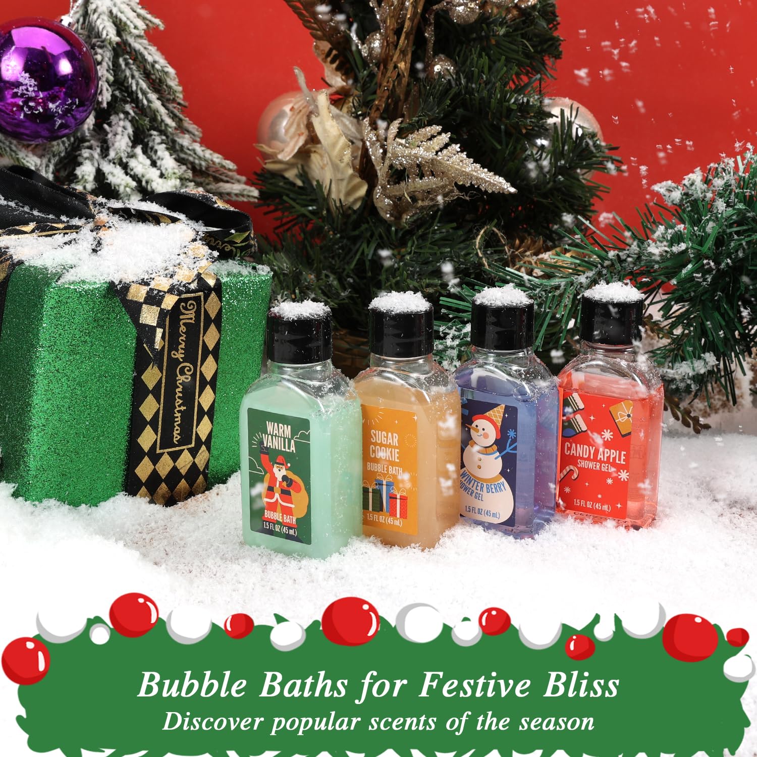 BFFLOVE shower gel with winter berry scent on a festive bathroom shelf.