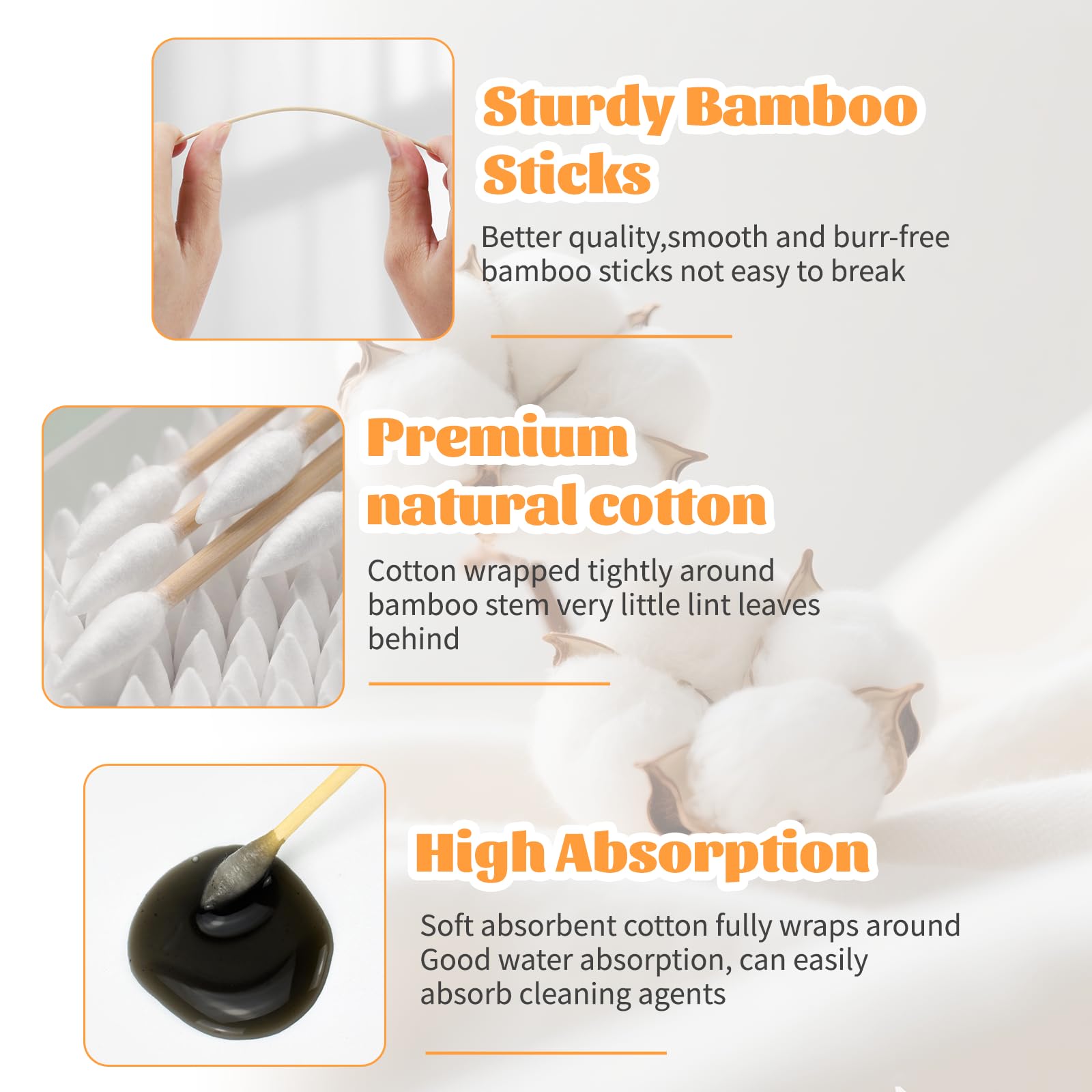 Close-up of BFHKXW bamboo-handle swabs highlighting sturdy shaft and lint-free cotton.