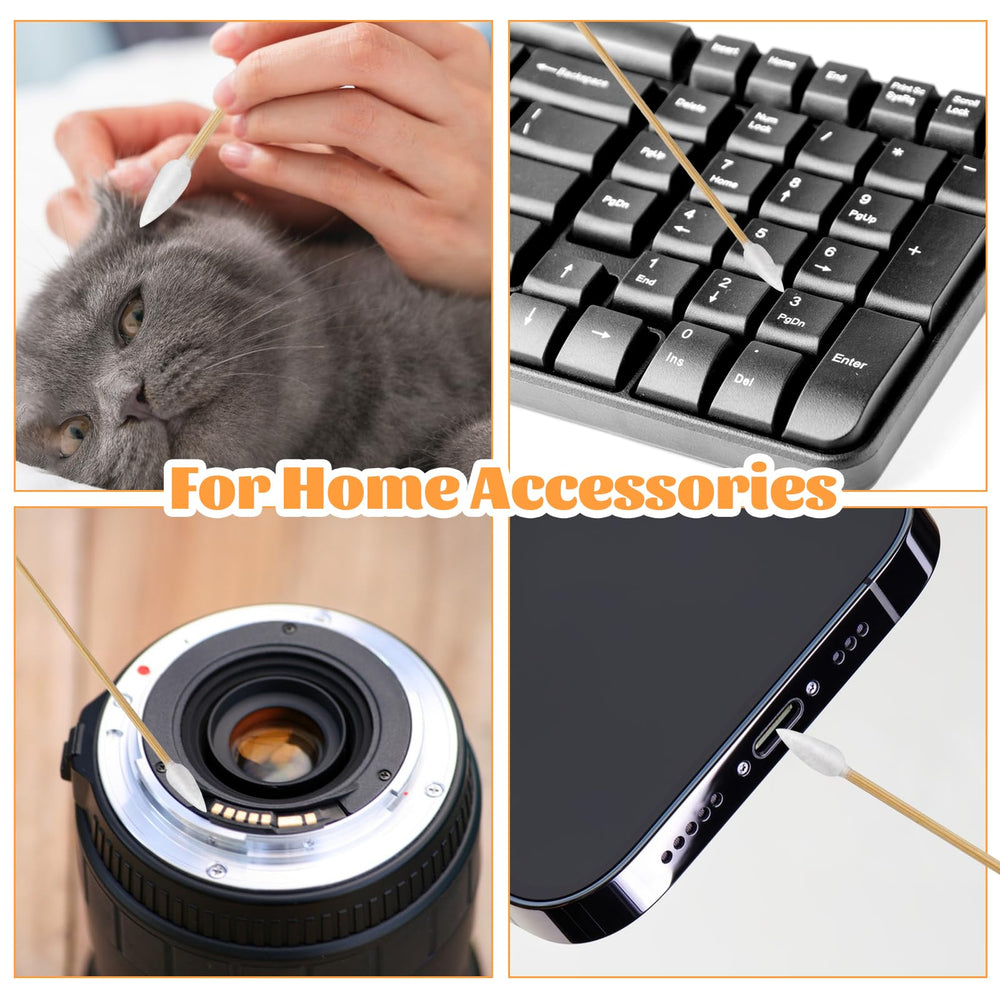 Versatile-use swabs for camera lenses, laptops, eyeglasses, makeup, and jewelry.