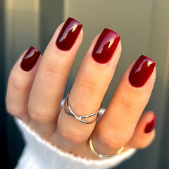 BFY short press nails in square shape with wine red glossy finish for chic New Year look