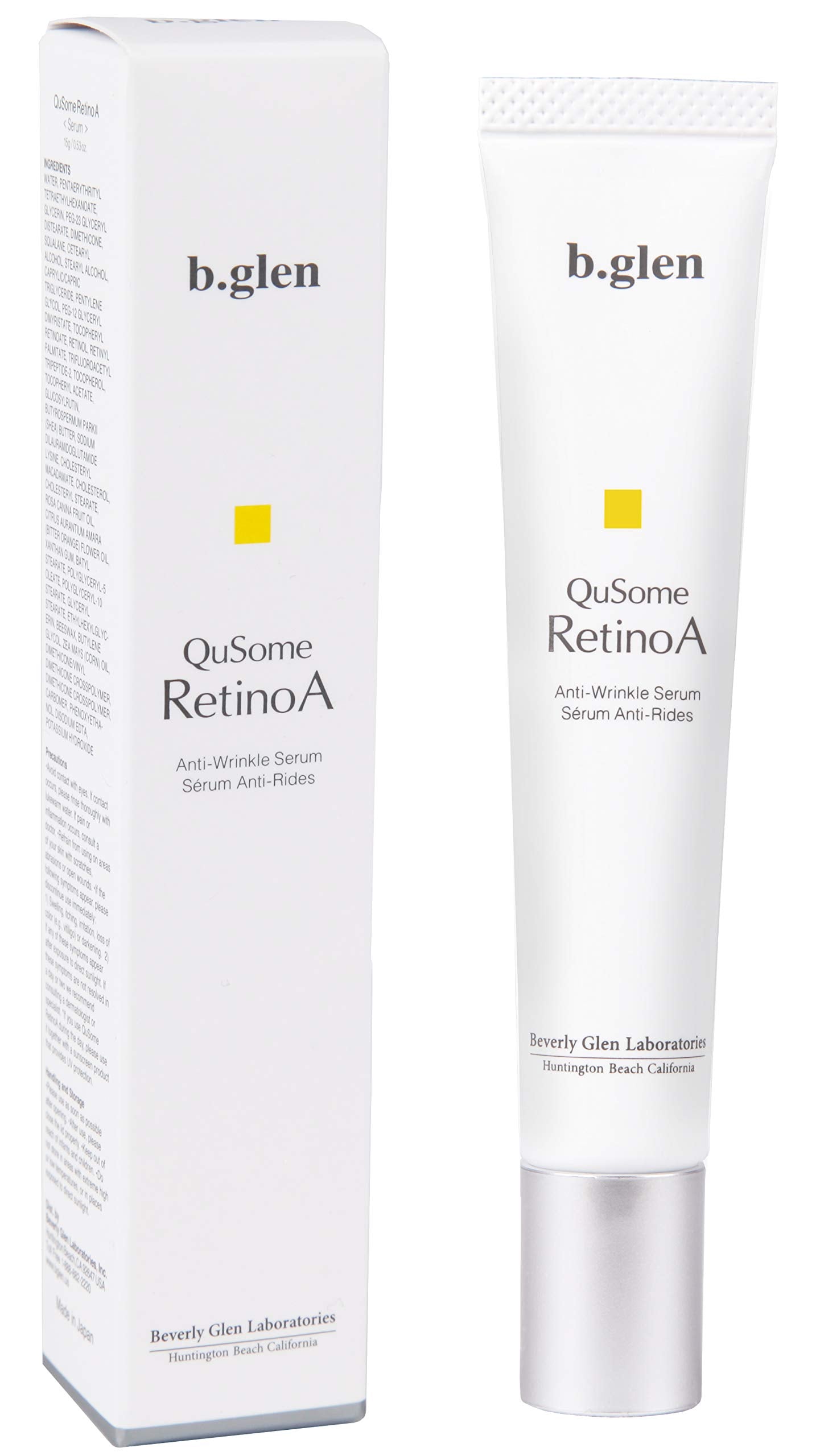 b.glen QuSome RetinoA bottle on nightstand for nightly gentle care.