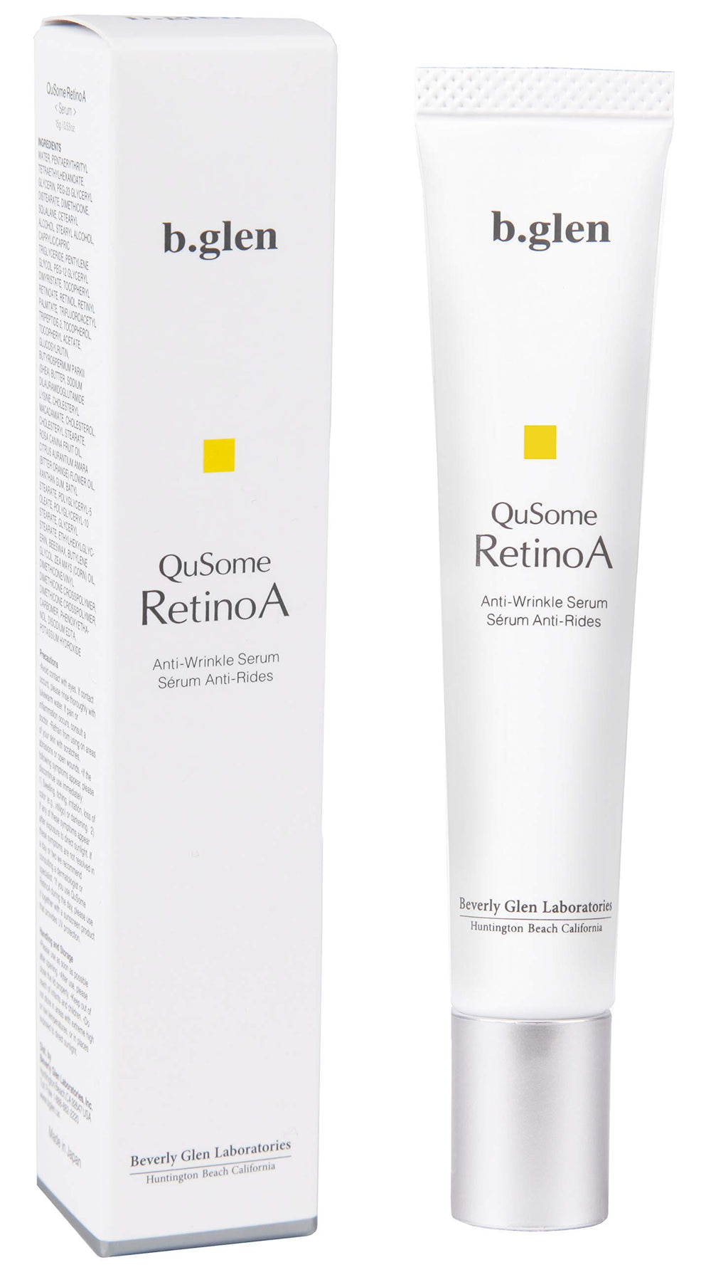 b.glen QuSome RetinoA bottle on nightstand for nightly gentle care.