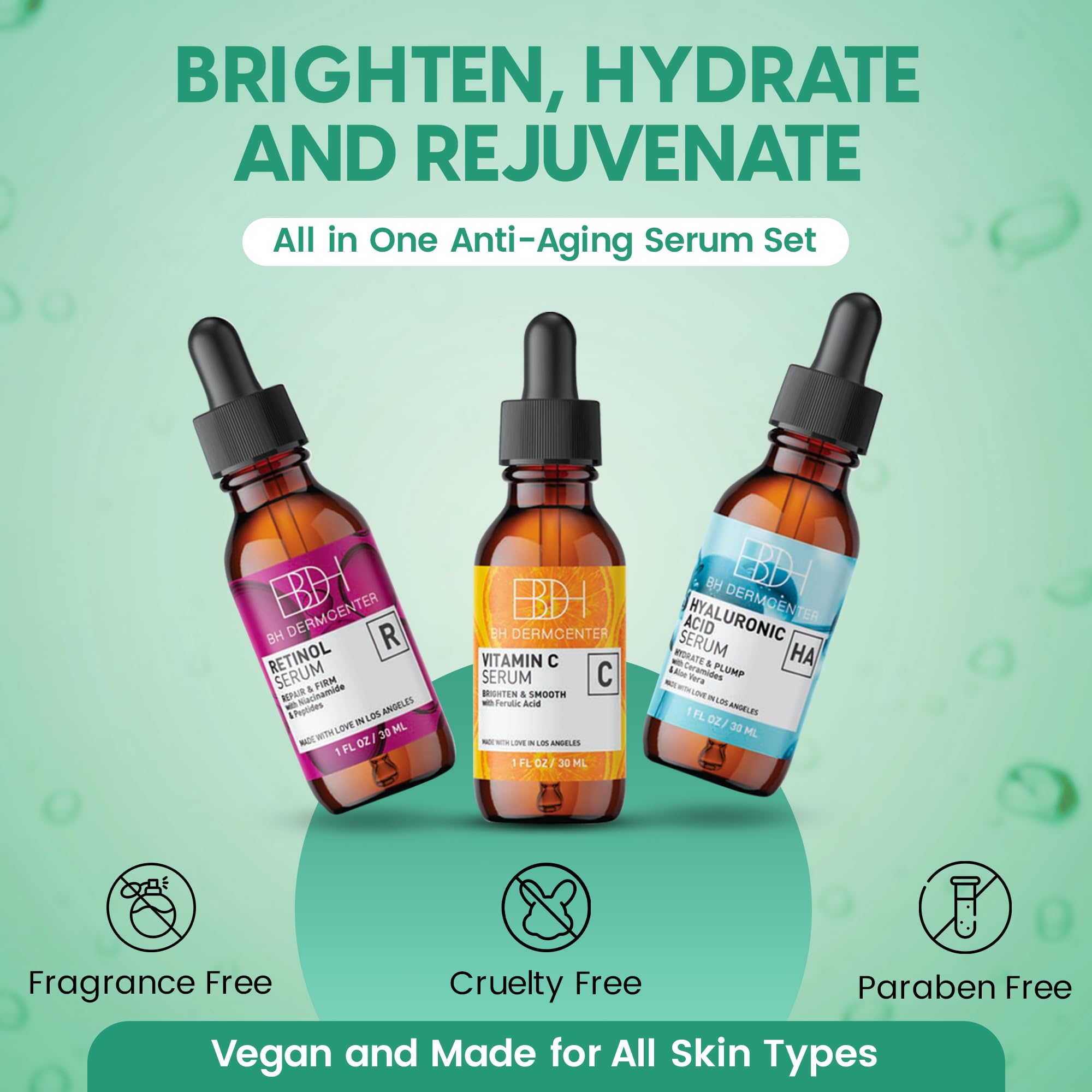 BH Dermcenter Hyaluronic acid serum bottle delivers intense hydration.