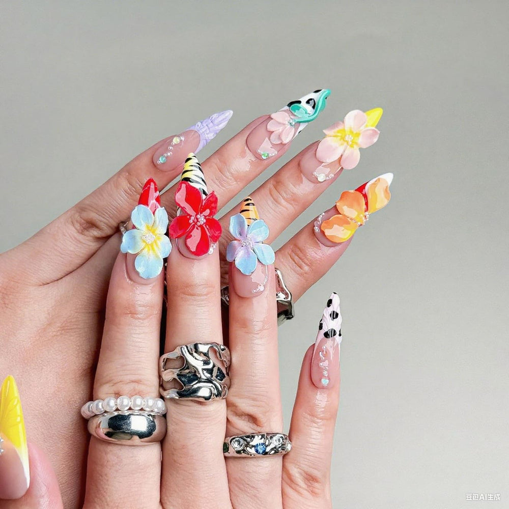 BHOOKA Flower Press on Nails almond medium shape for comfortable wear.