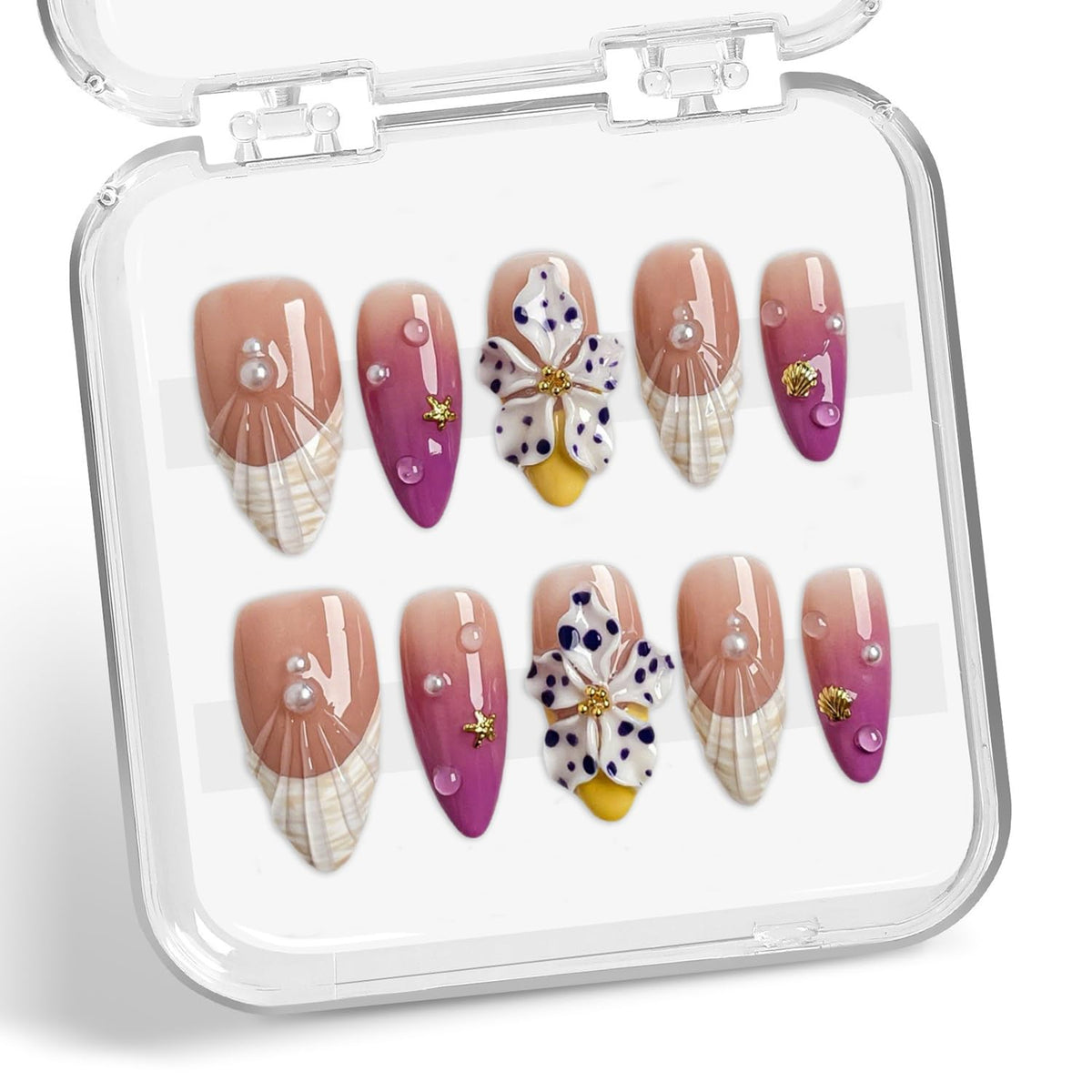 BHOOKA flower press-on nails with purple gradient for a stylish at-home manicure