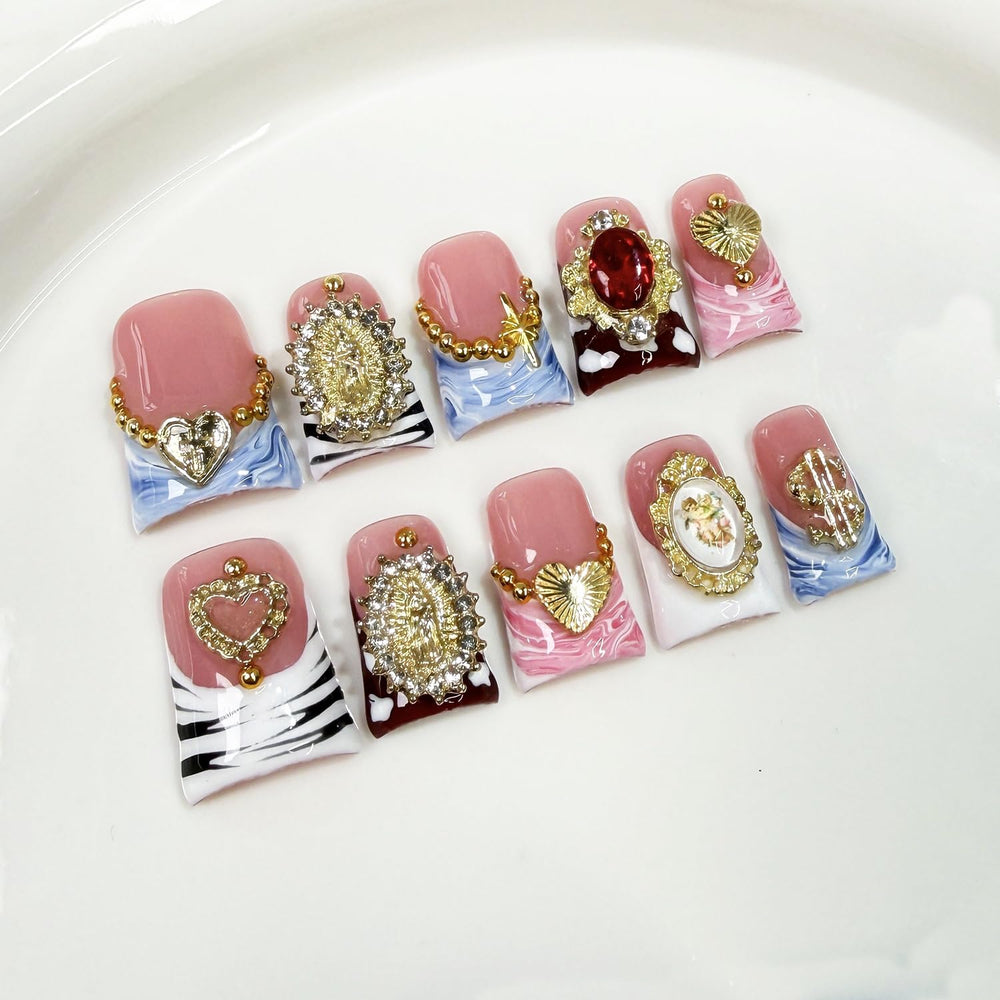 BHOOKA press on nails with 3D rhinestones and heart design for luxurious DIY manicure