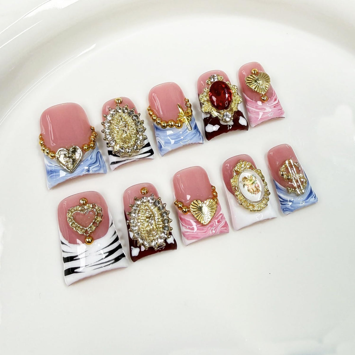 BHOOKA press on nails with 3D rhinestones and heart design for luxurious DIY manicure