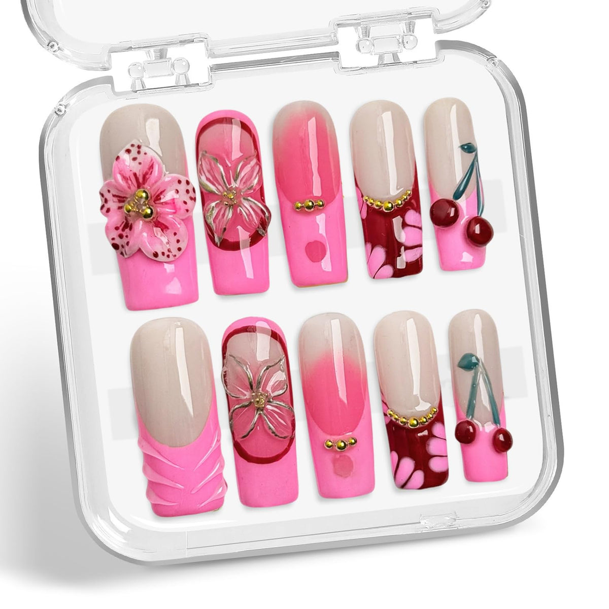 BHOOKA pink gradient nails with 3D flower design for stylish DIY manicure