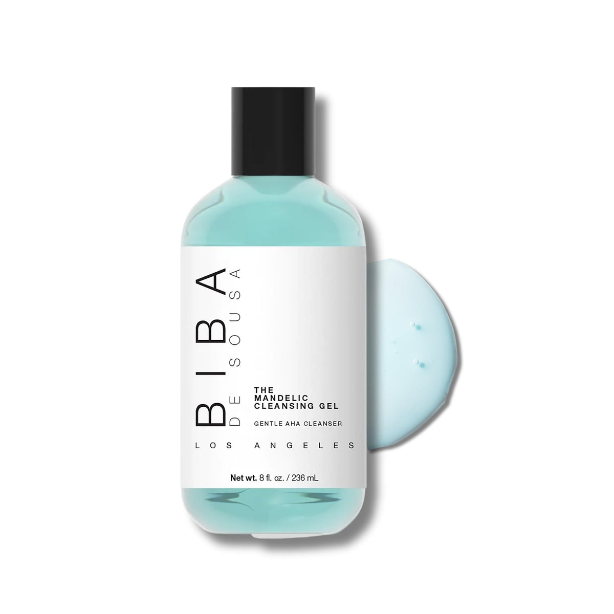 Biba De Sousa Mandelic Cleansing Gel bottle shows gentle foaming action for all skin types.