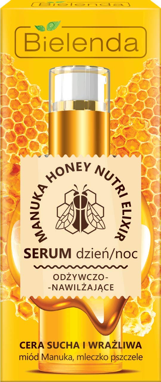 Bielenda Manuka Honey Nutri Elixir serum being applied for deep nourishment.