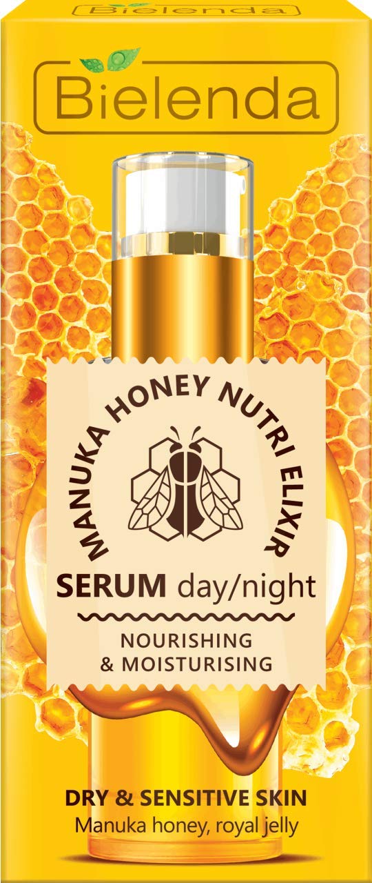 Bielenda Manuka Honey Nutri Elixir serum bottle delivering hydration and radiance.