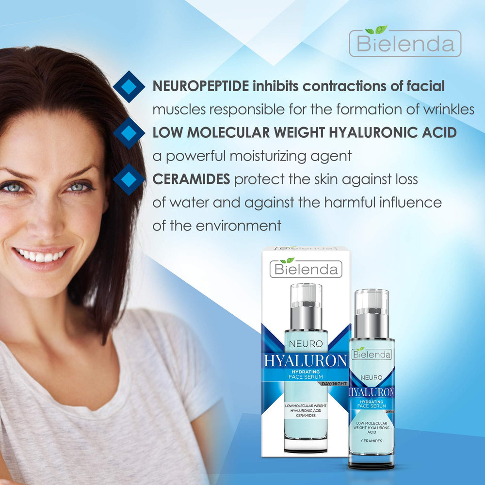 Bielenda Neuro Hyaluron Serum packaging box highlighting premium skincare benefits.