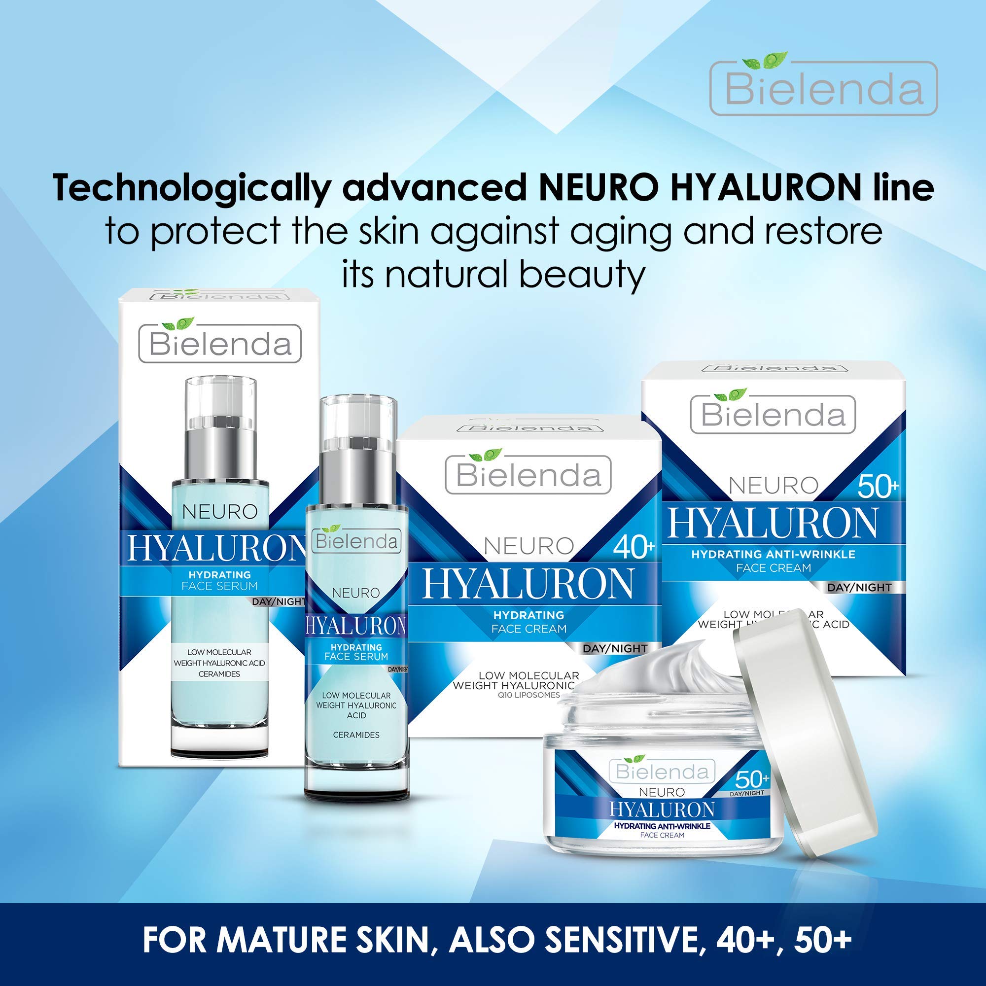Bielenda Neuro Hyaluron Serum texture closeup shows lightweight gel for quick absorption.