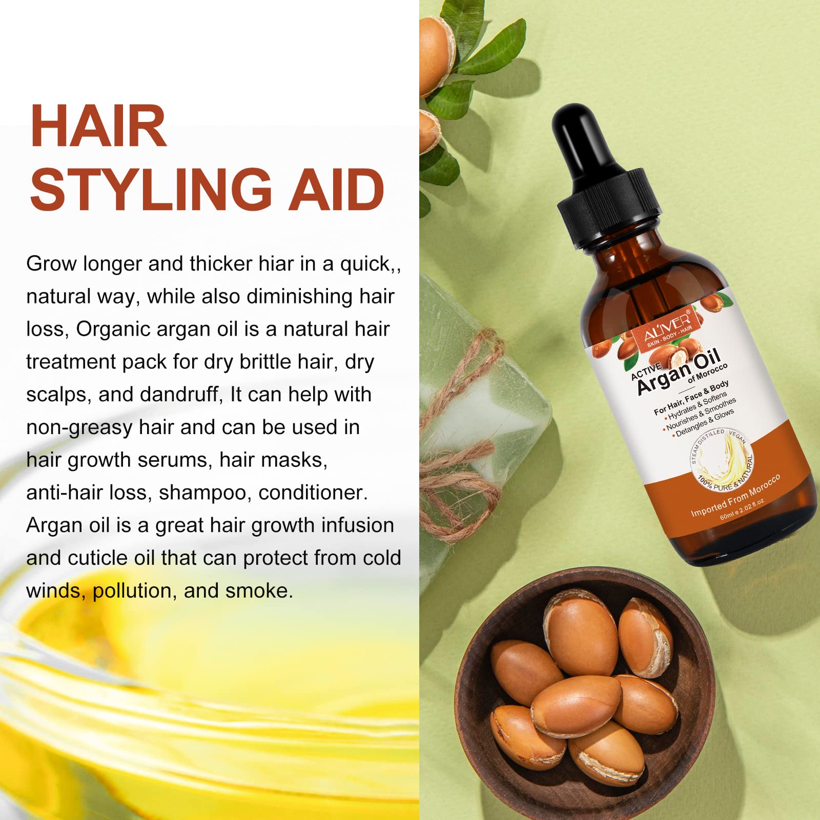 Two drops demonstrate precise dosage in Bieyoc Argan Oil.