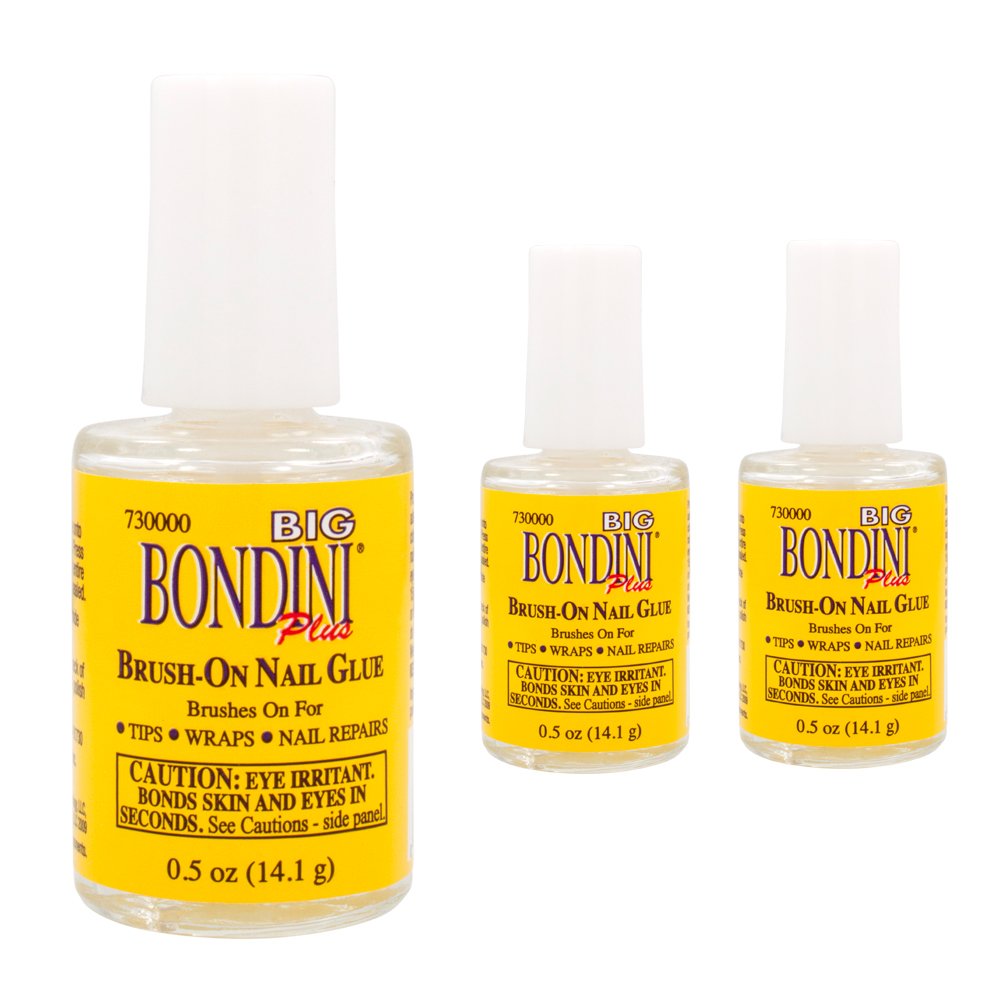 Big Bondini brush-on nail glue bottle in pack of three for tips, wraps, and repairs.