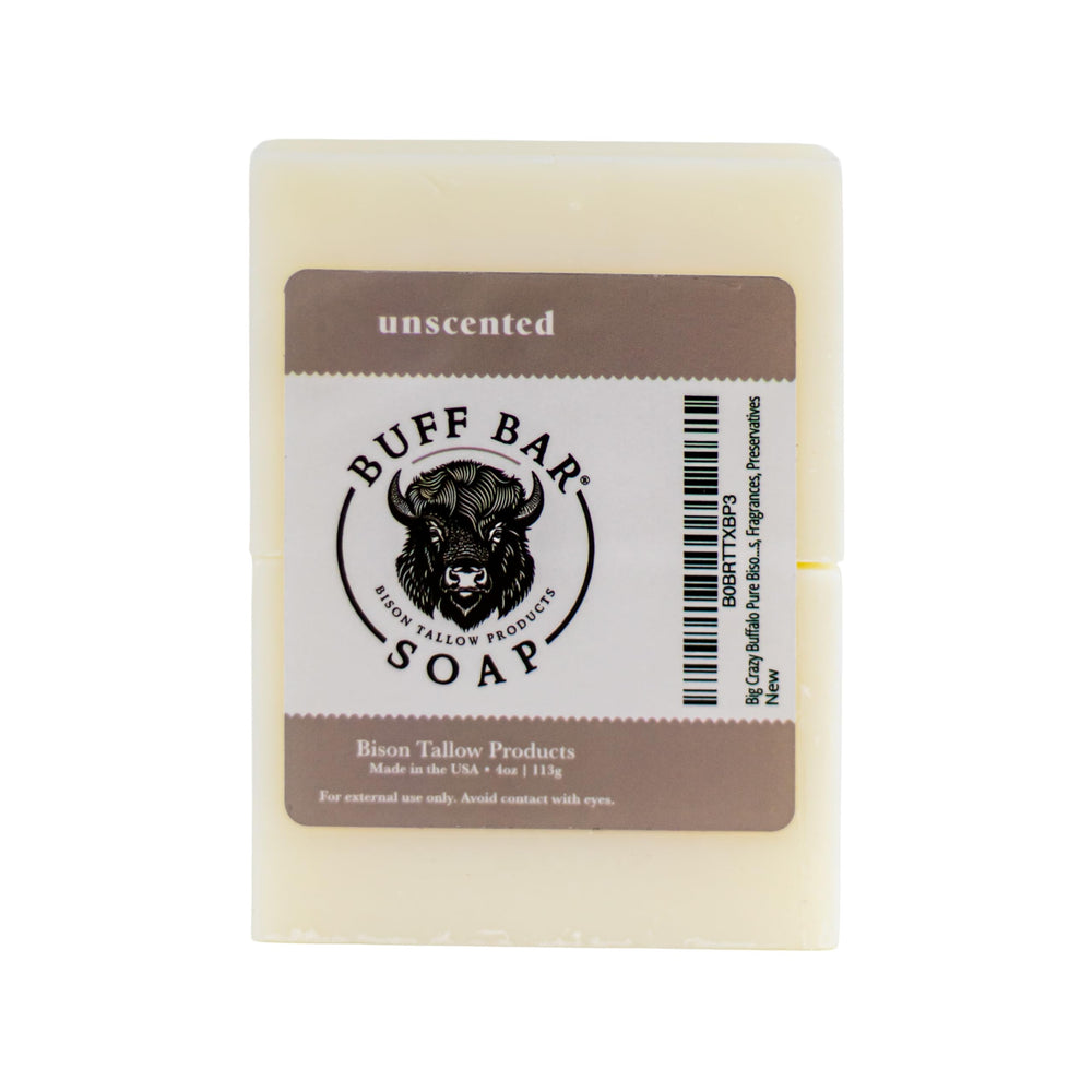 Big Crazy Buffalo Buff Bar unwrapped, natural cleansing with bison tallow for daily use.