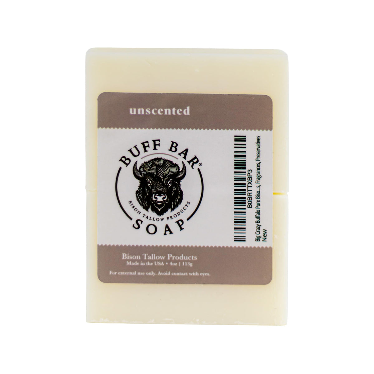 Big Crazy Buffalo Buff Bar unwrapped, natural cleansing with bison tallow for daily use.