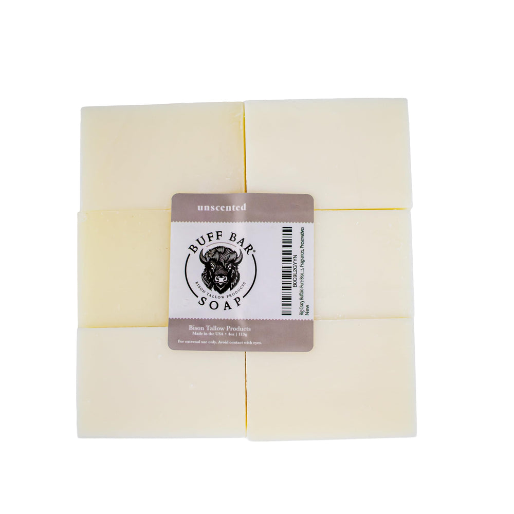 Big Crazy Buffalo Buff Bar six-pack unscented soap on display for daily cleansing.