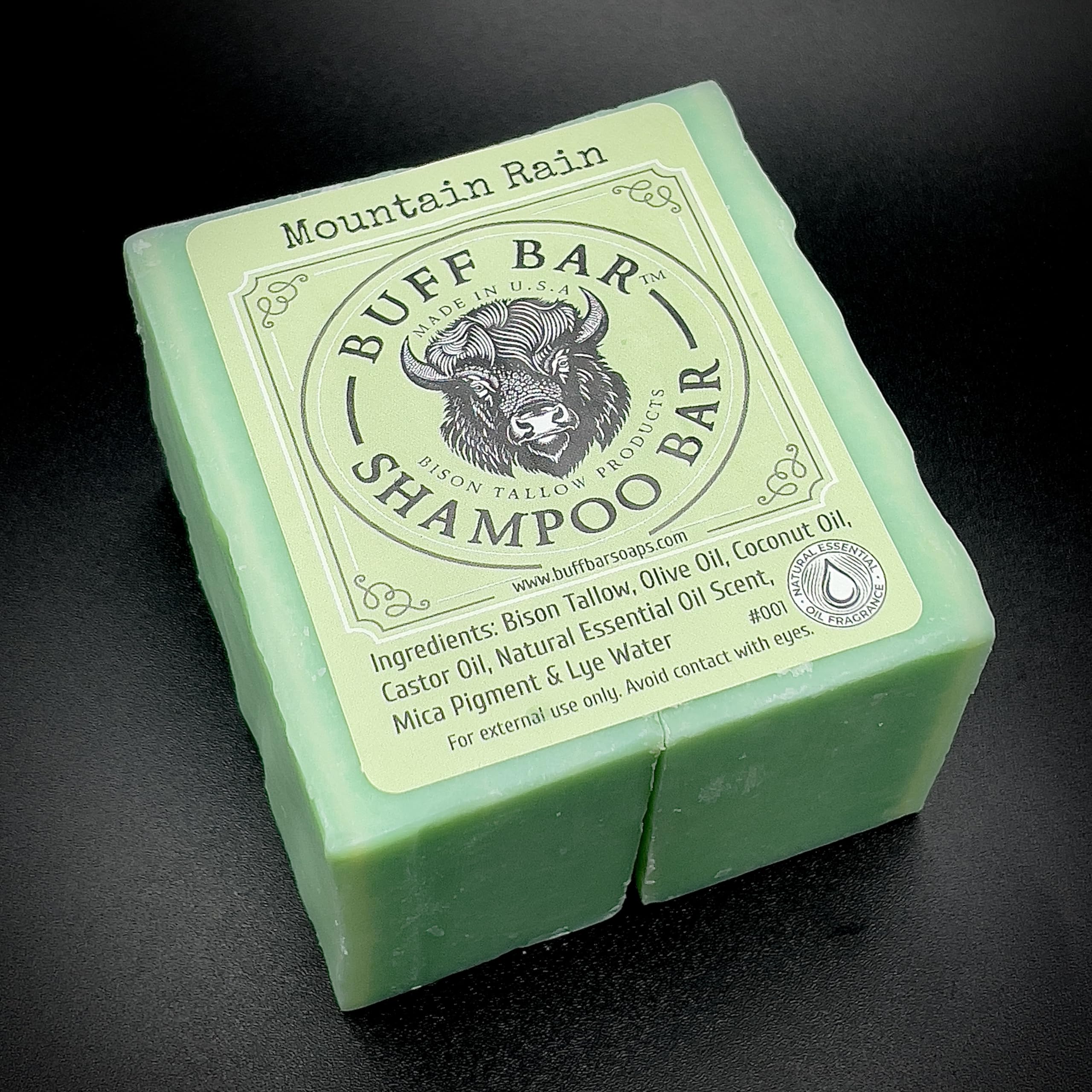 Big Crazy Buffalo Mountain Rain shampoo bar foam demonstrating lathering and cleansing action