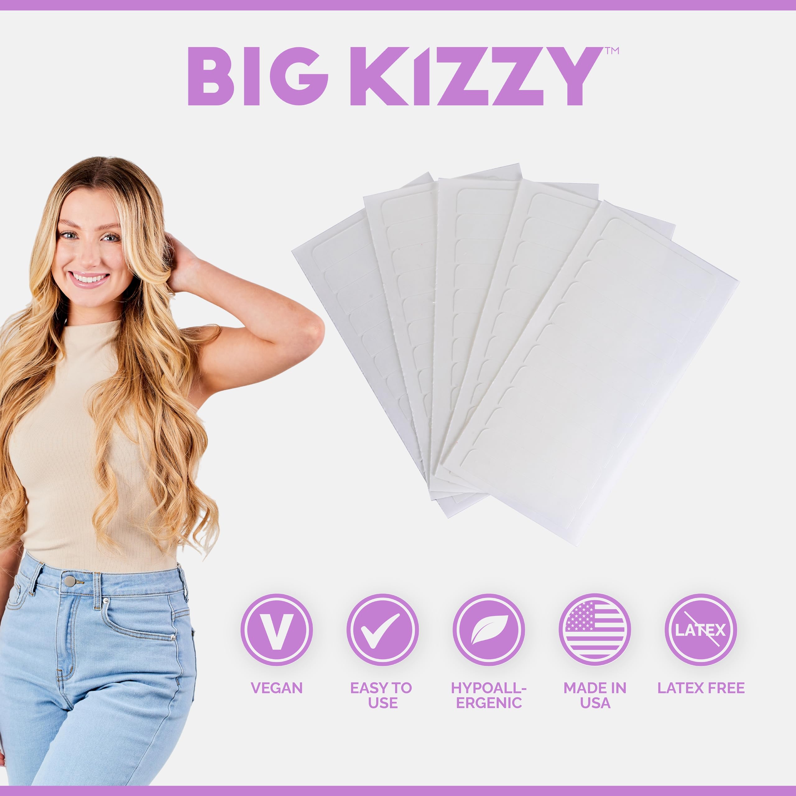 Big Kizzy application tab on extension weft for secure, quick reattachment.