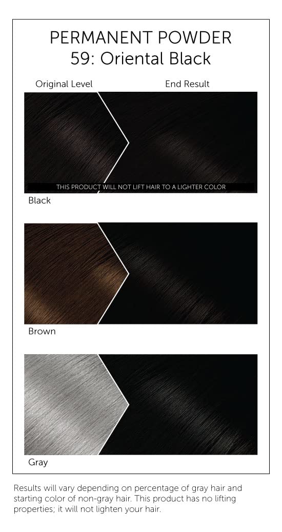Bigen Oriental Black Powder yields a deep, natural-looking black color in finished hair