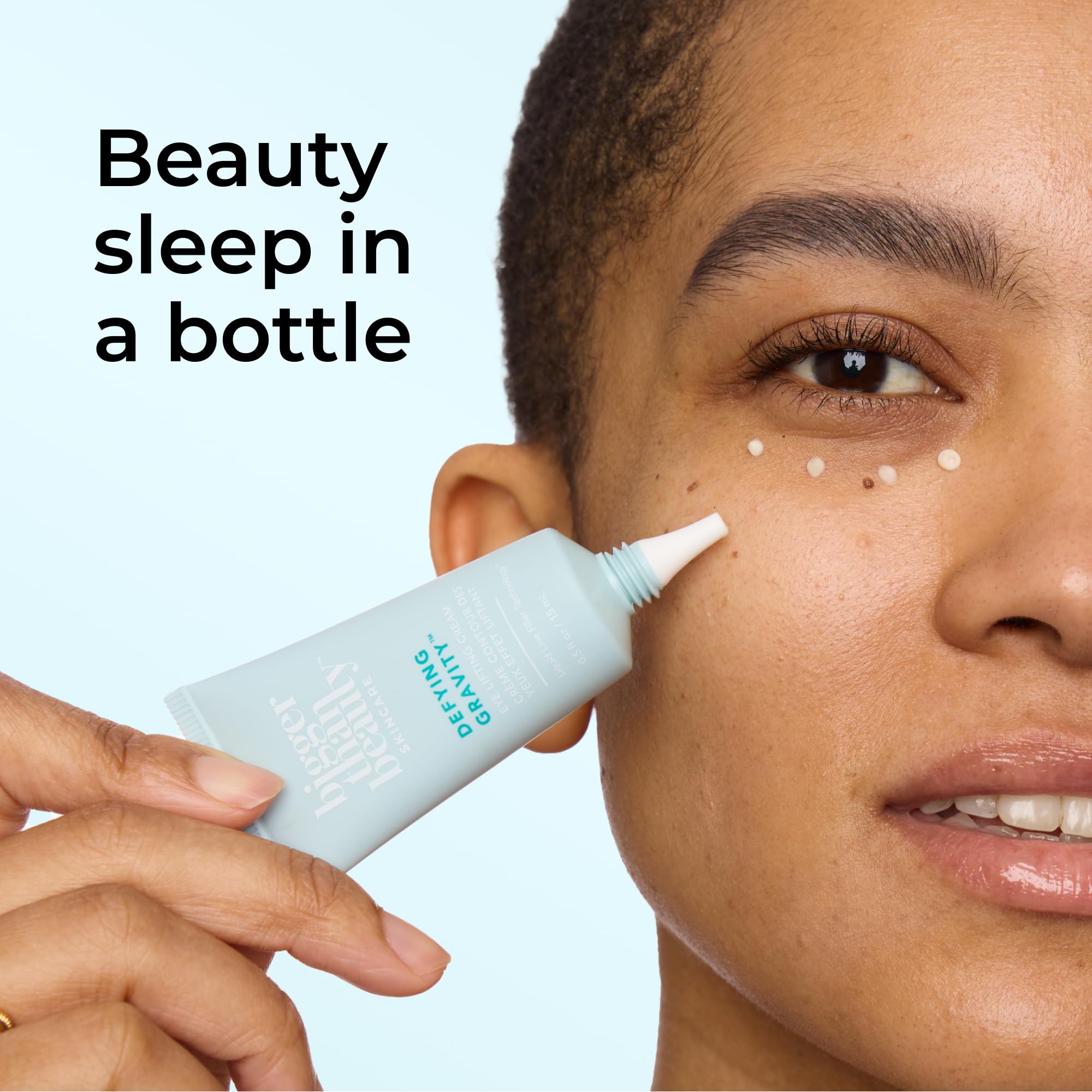 Bigger Than Beauty Defying Gravity eye cream with green tea and plant-based retinol for hydration.