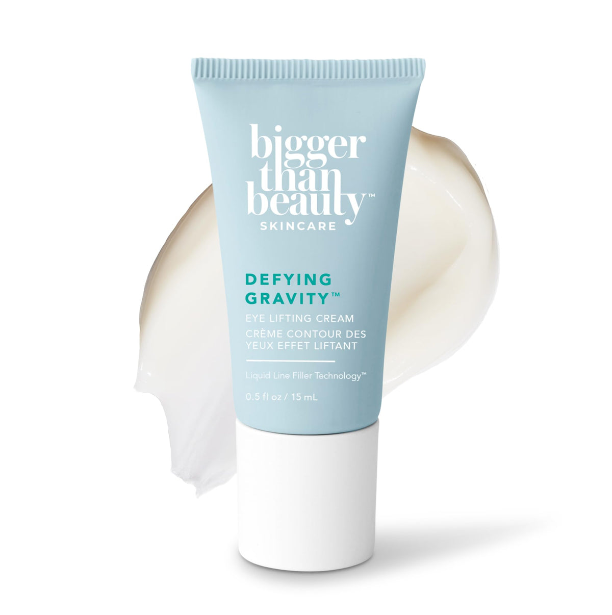 Bigger Than Beauty Defying Gravity eye lifting cream jar close-up for daily hydration and brightness.