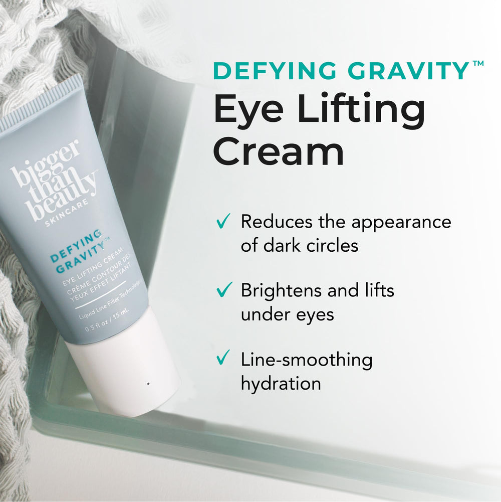 Bigger Than Beauty Defying Gravity cream texture swatch shows lightweight, silky finish for easy layering.