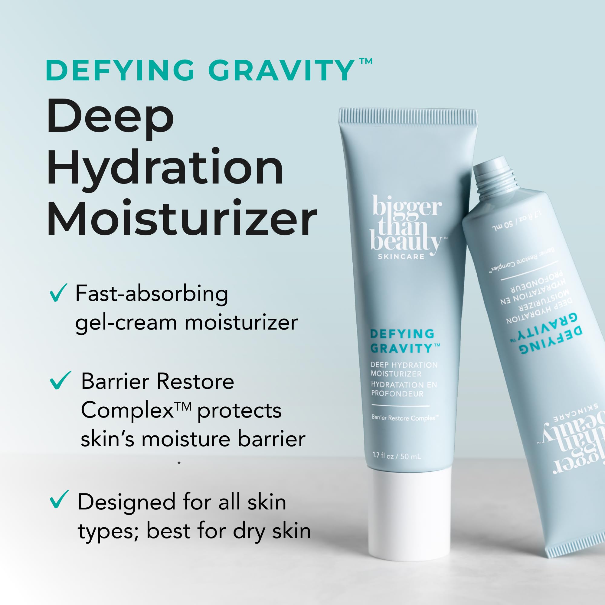 Bigger Than Beauty Defying Gravity texture swatch shows lightweight gel-cream feel