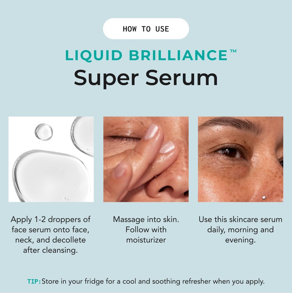 Bigger Than Beauty Liquid Brilliance bottle beside skincare trio on vanity.