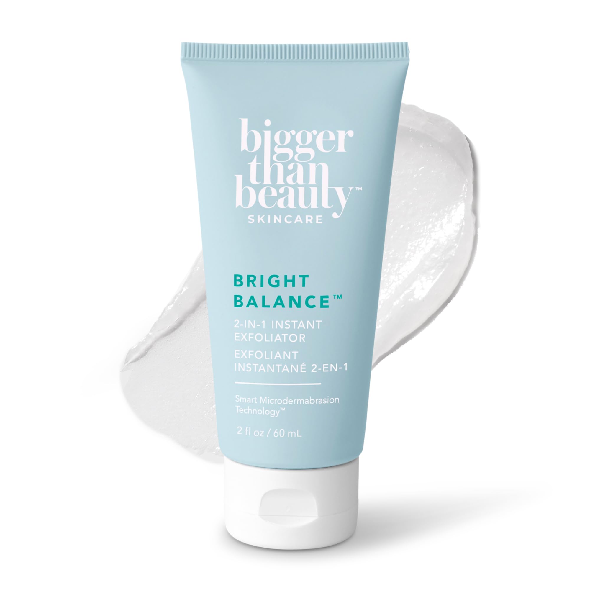 Bigger Than Beauty Bright Balance bottle with pour, ideal for quick at-home exfoliation and smooth skin.