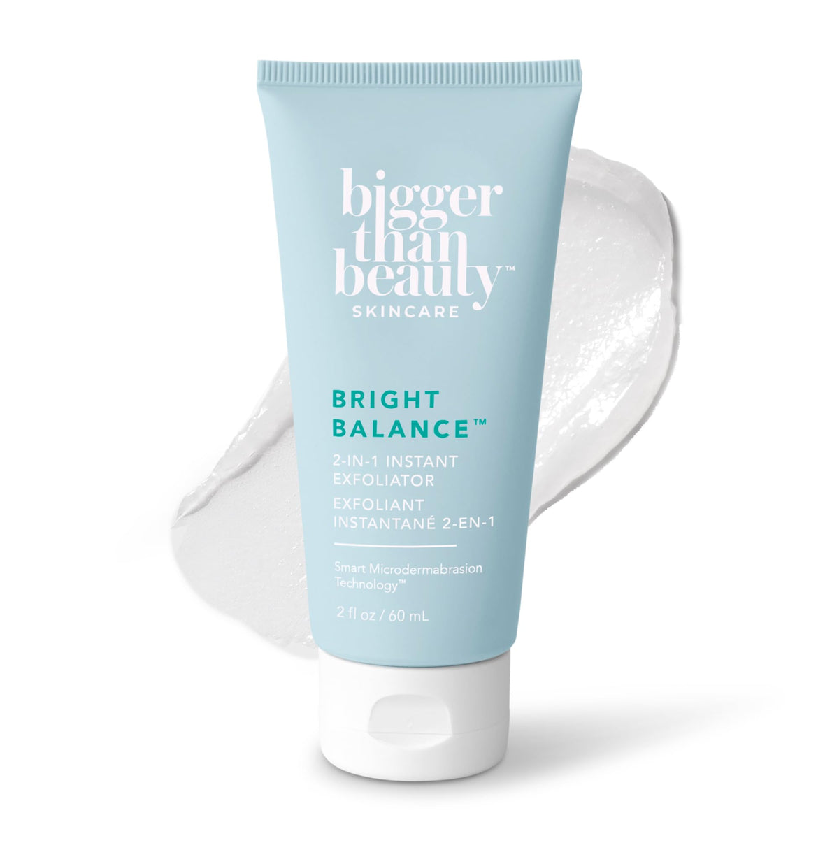 Bigger Than Beauty Bright Balance bottle with pour, ideal for quick at-home exfoliation and smooth skin.