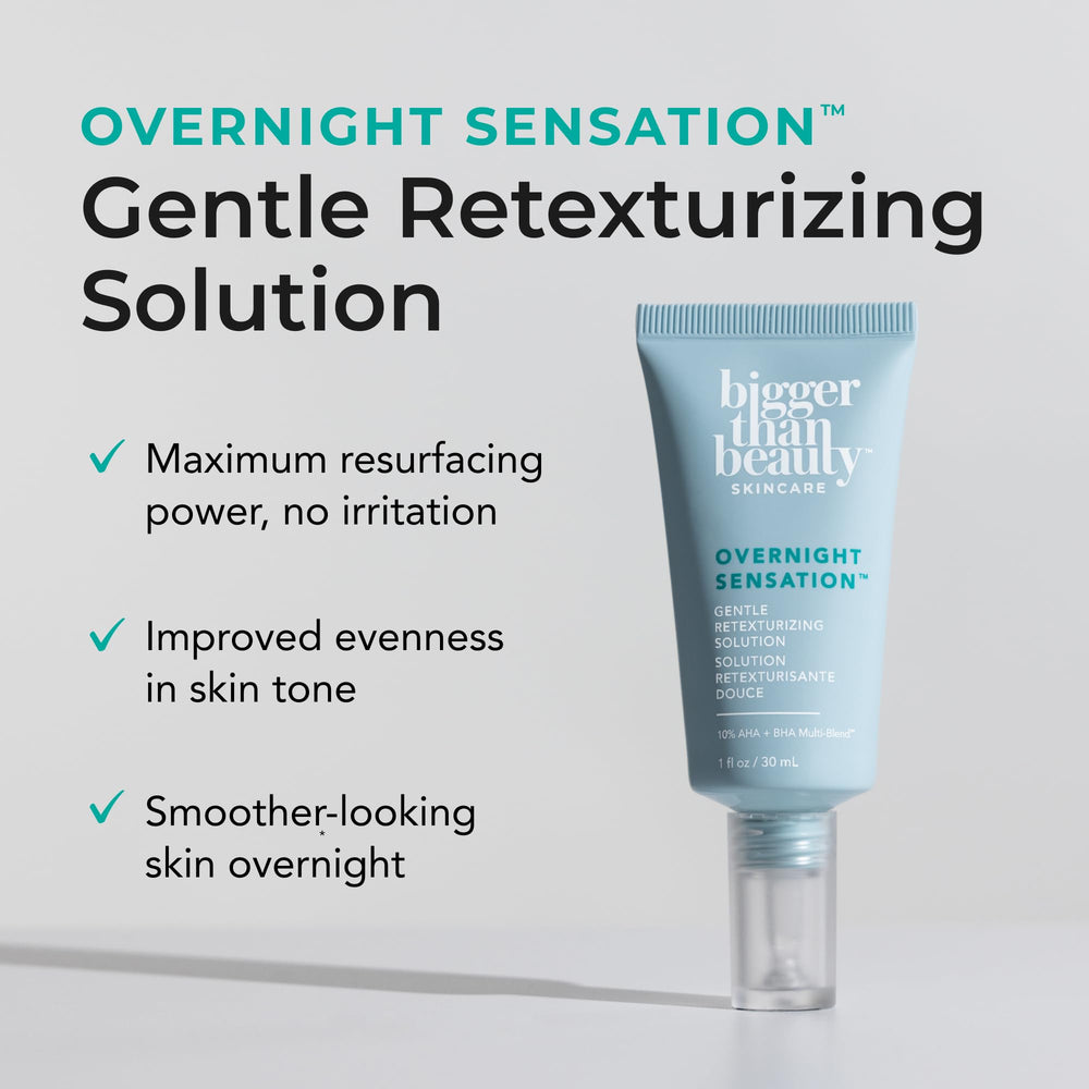 Bigger Than Beauty Overnight Sensation applied to hand showing gentle exfoliation.